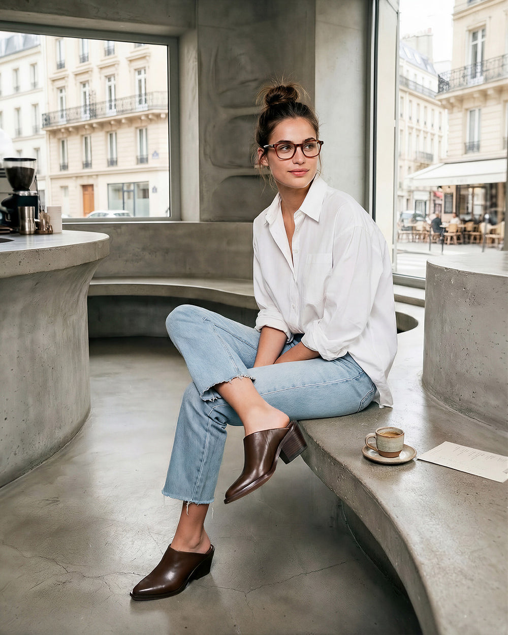 Neo X Xindra Mule in Chocolate Napa Leather lifestyle view | colour:chocolate-napa-leather