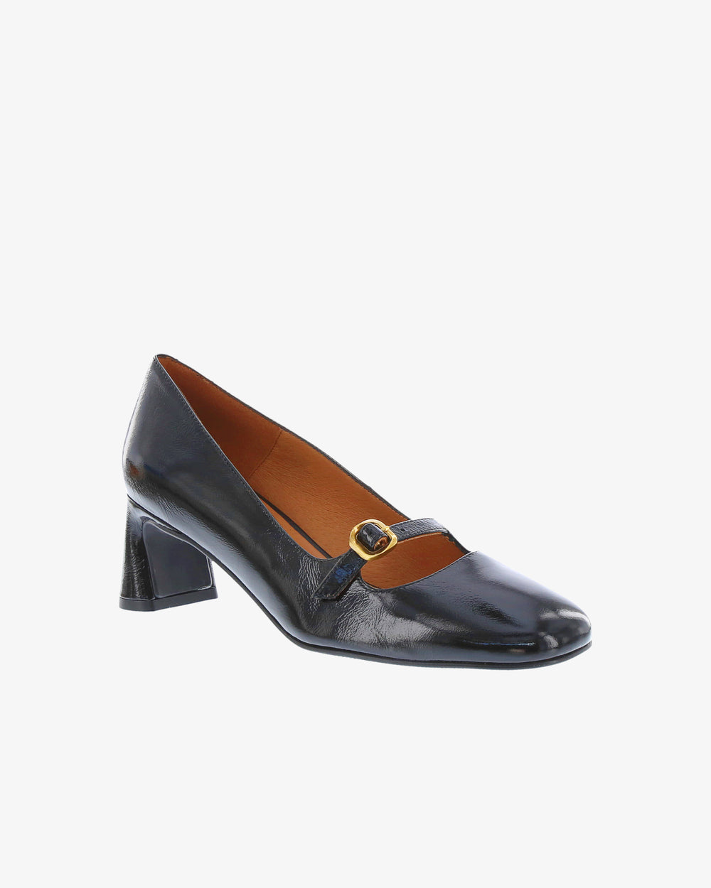 Neo Arielle Heel in Black Crinkle Patent Leather angled view | colour:black-crinkle-patent-leather