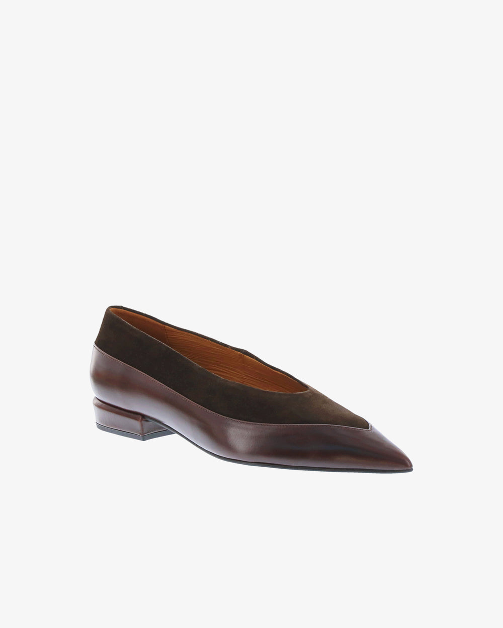 Neo Arlyn Shoe in Chocolate Semi Gloss/Suede Leather angled view | colour:chocolate-semi-gloss-suede-leather