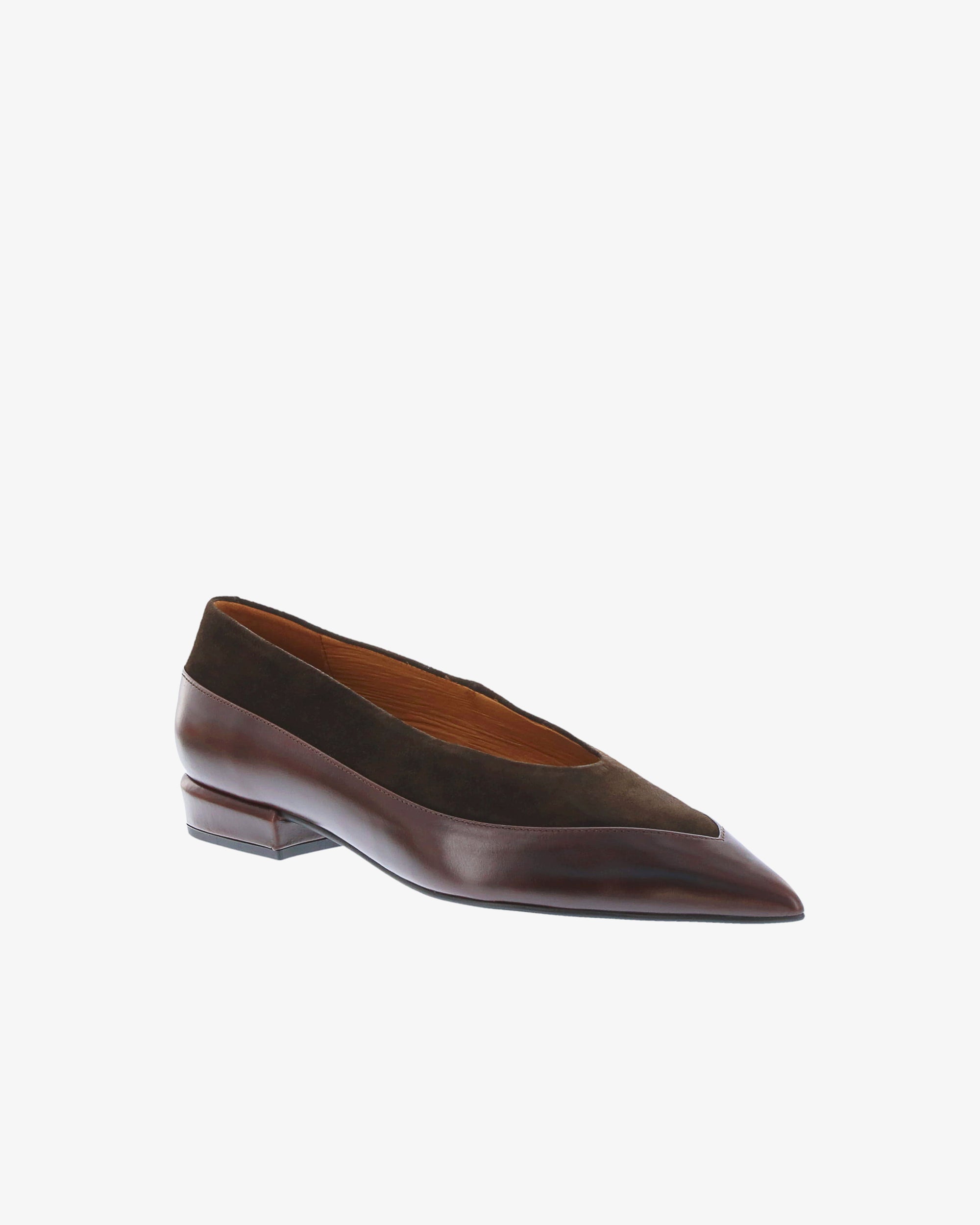 Neo Arlyn Shoe in Chocolate Semi Gloss/Suede Leather angled view | colour:chocolate-semi-gloss-suede-leather