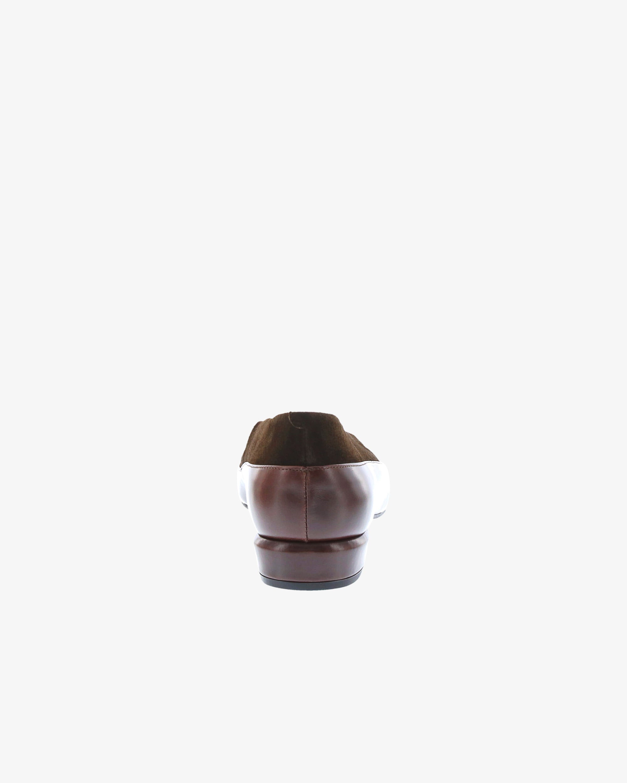 Neo Arlyn Shoe in Chocolate Semi Gloss/Suede Leather heel view | colour:chocolate-semi-gloss-suede-leather