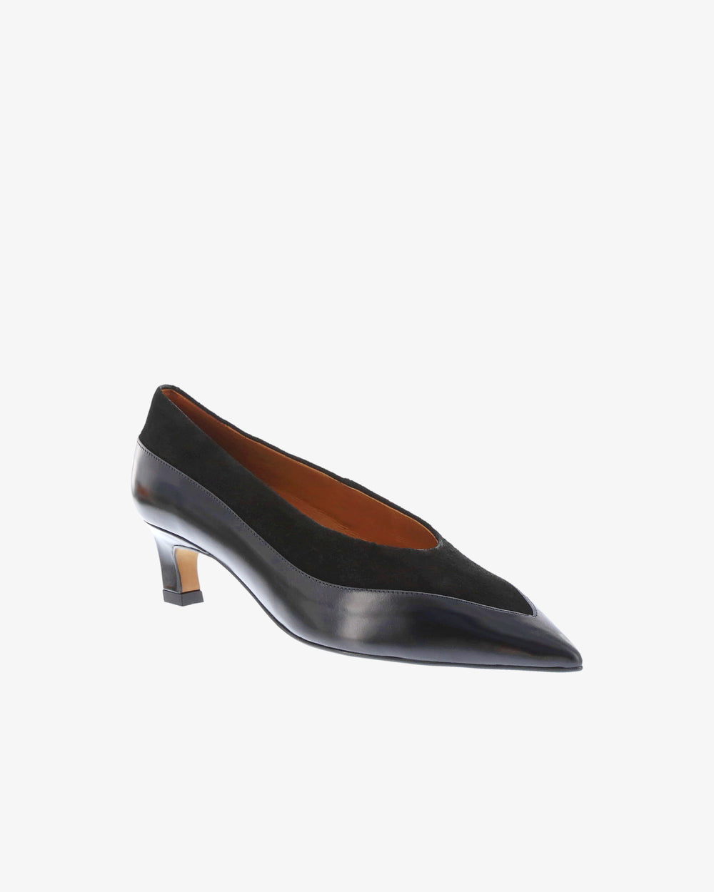 Neo Avelyn Shoe in Black Semi Gloss/Suede Leather angled view | colour:black-semi-gloss-suede-leather
