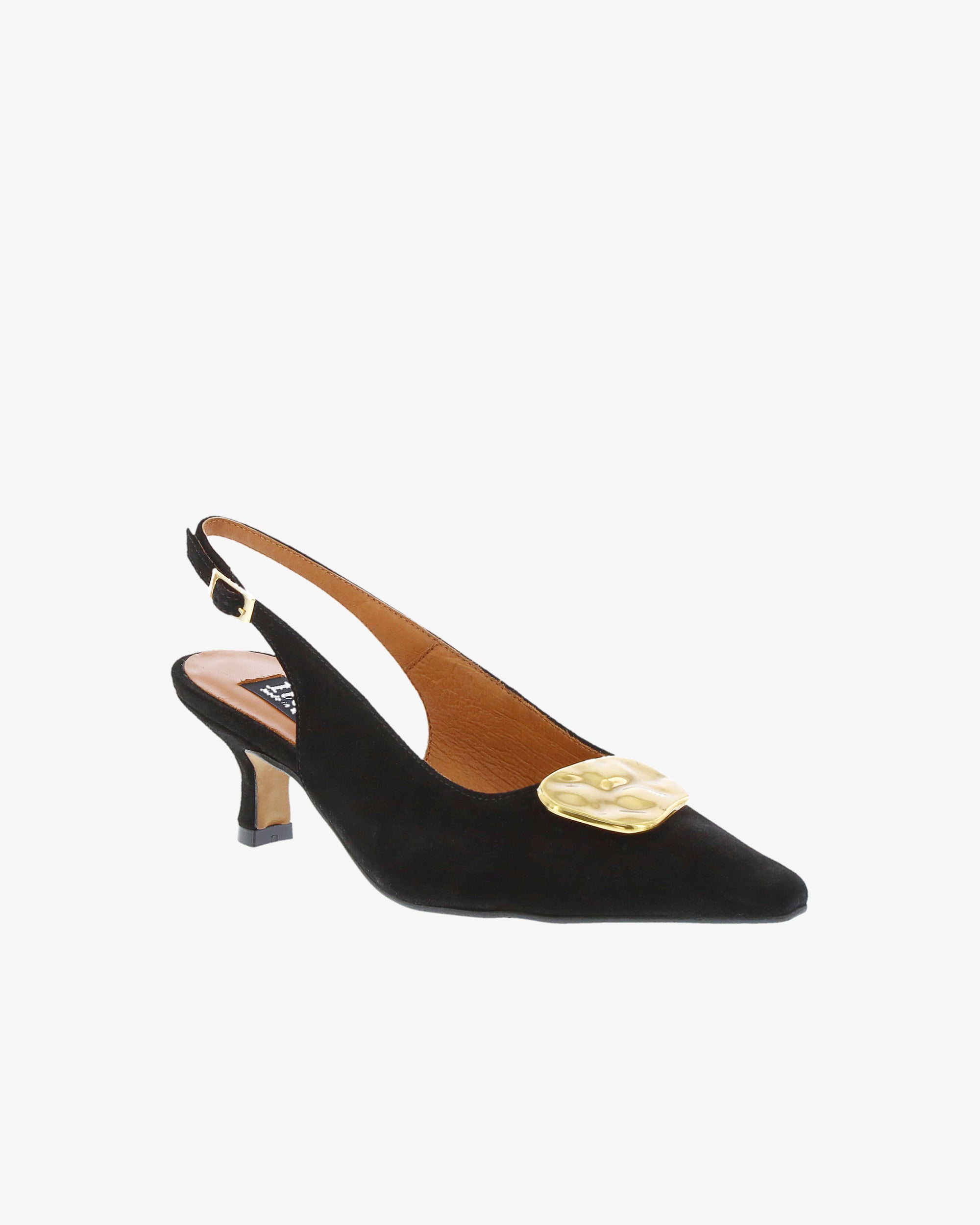 Neo Blythe Slingback in Black Suede Leather angled view | colour:black-suede-leather