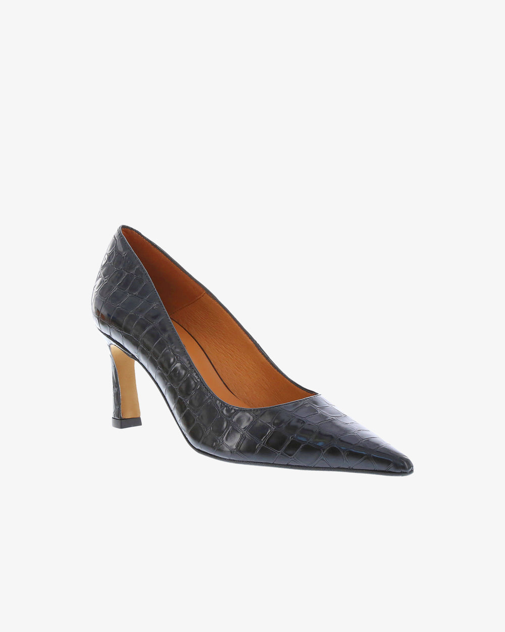 Neo Briony Heel in Black Croc Print Leather angled view | colour:black-croc-print-leather