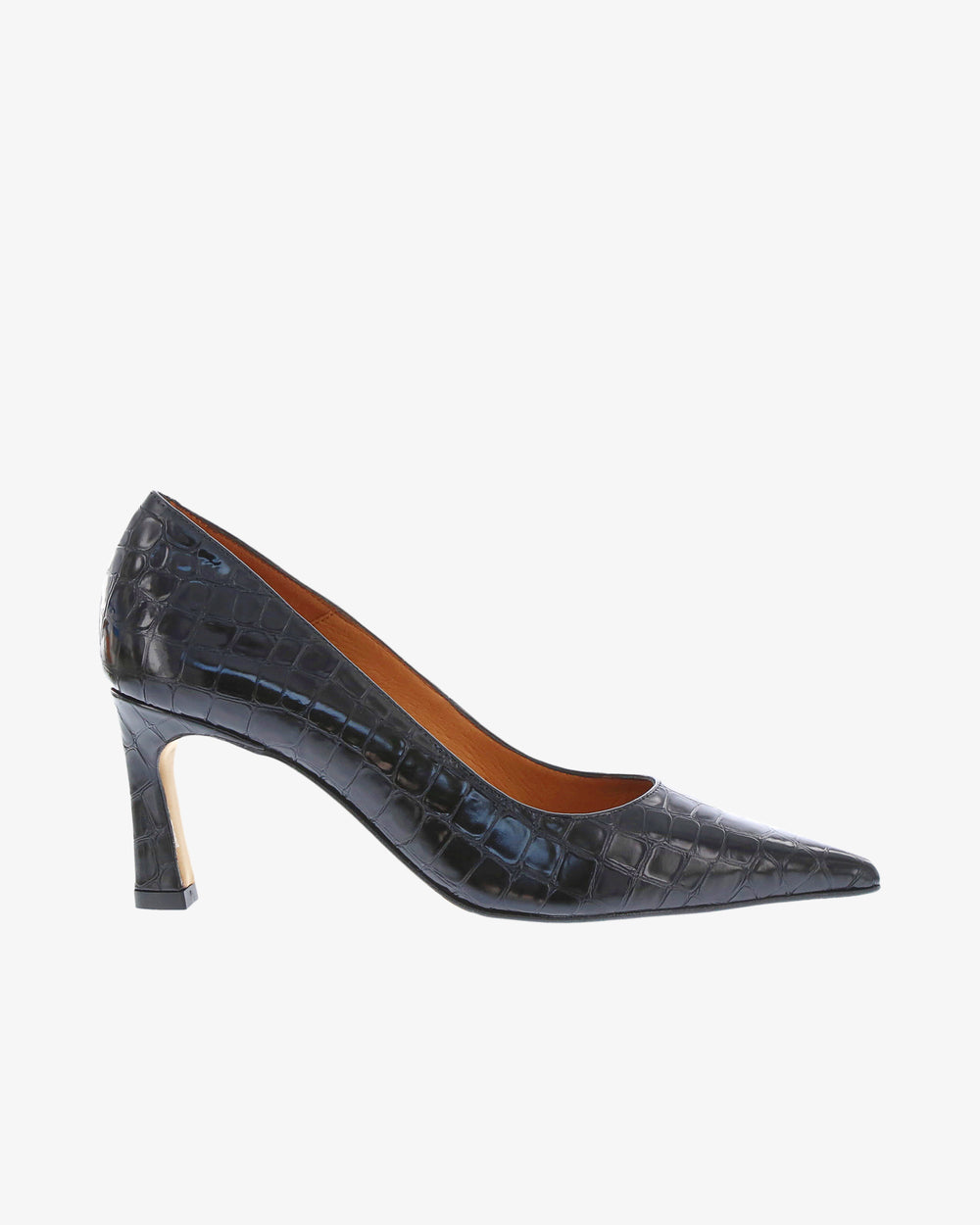 Neo Briony Heel in Black Croc Print Leather side view | colour:black-croc-print-leather