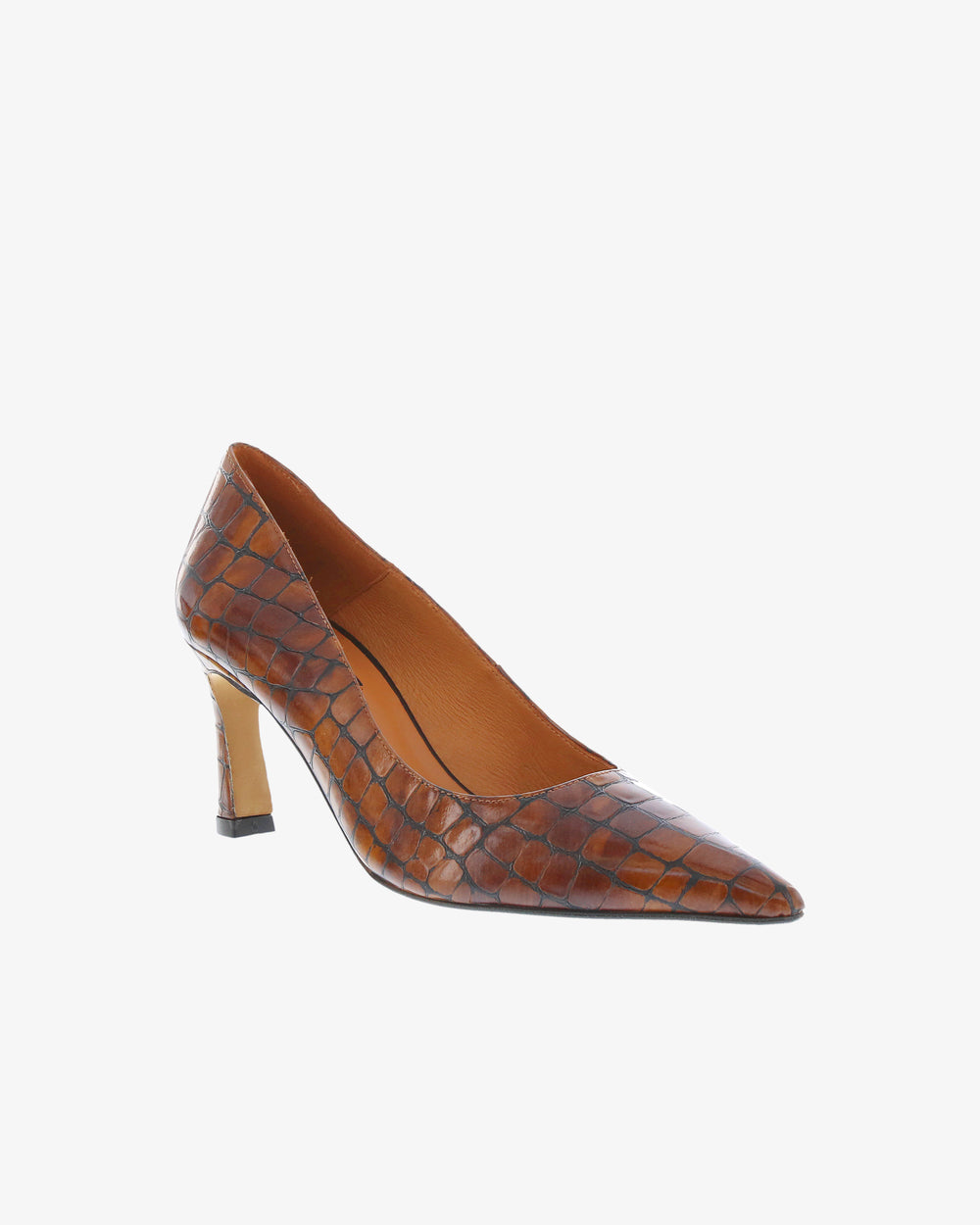 Neo Briony Heel in Whisky Croc Print Leather angled view | colour:whisky-croc-print-leather