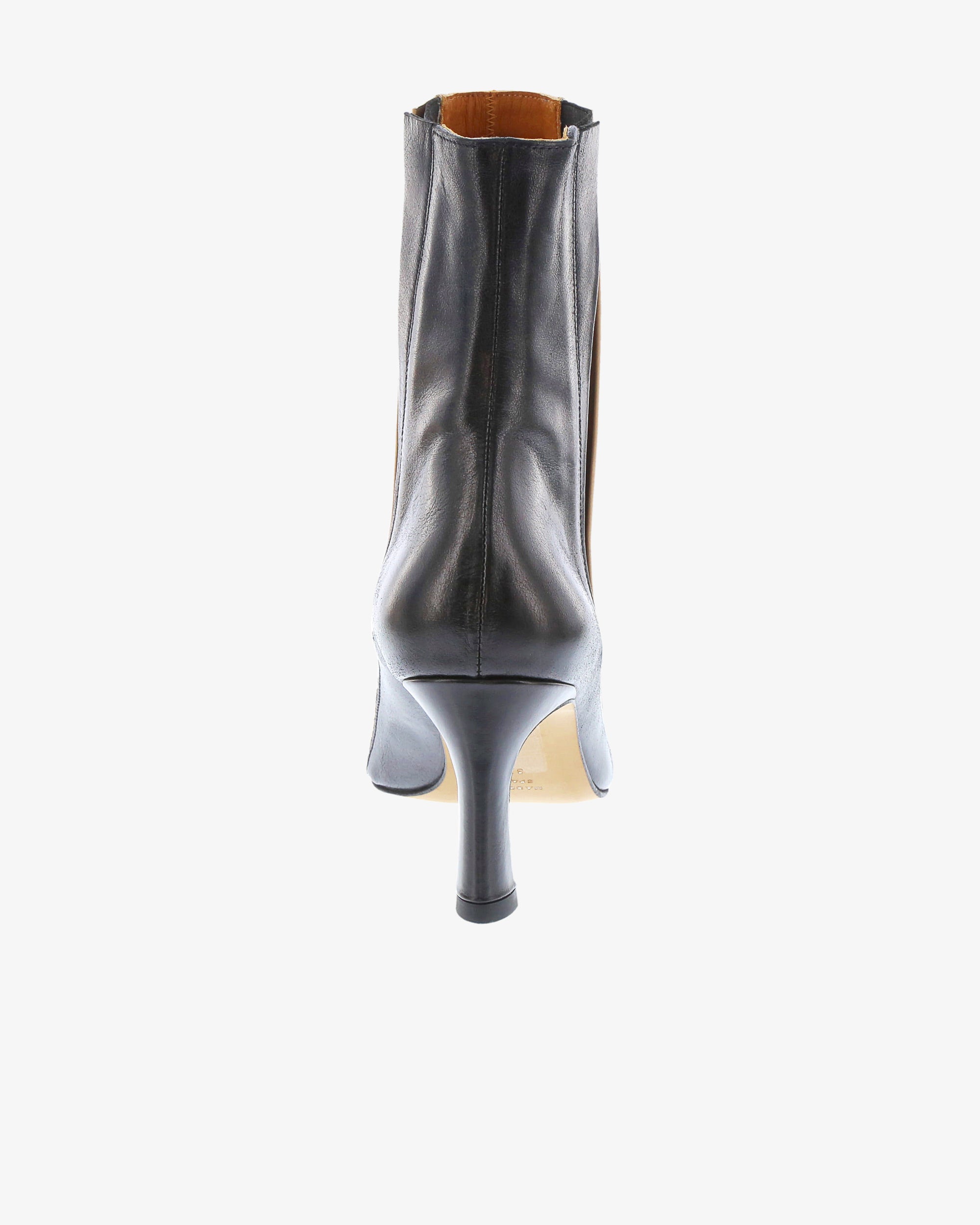 Neo Cerin Ankle Boot in Sand/Black Semi Gloss Leather heel view | colour:sand-black-semi-gloss-leather