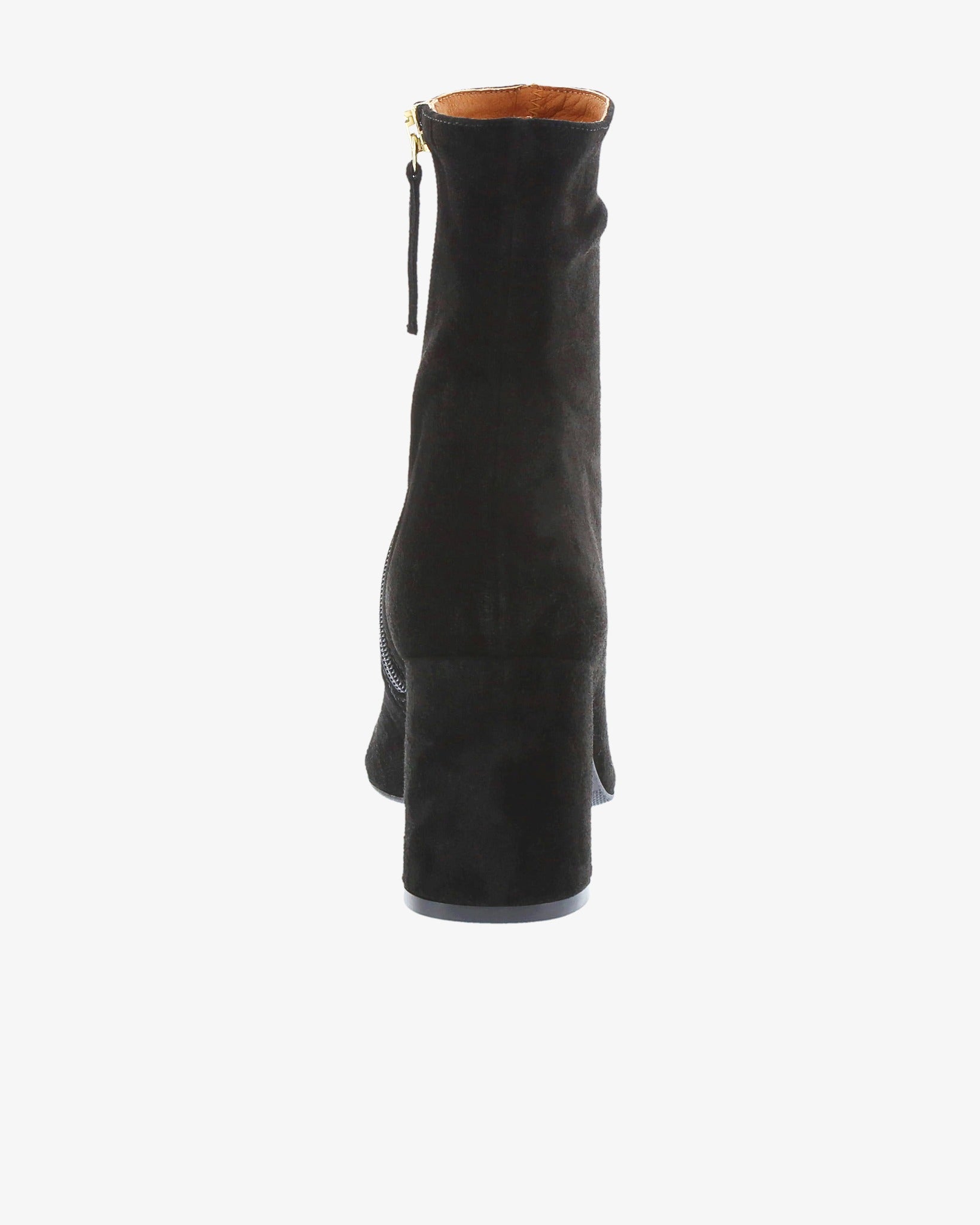 Neo Delphi Ankle Boot in Black Suede Leather heel view | colour:black-suede-leather