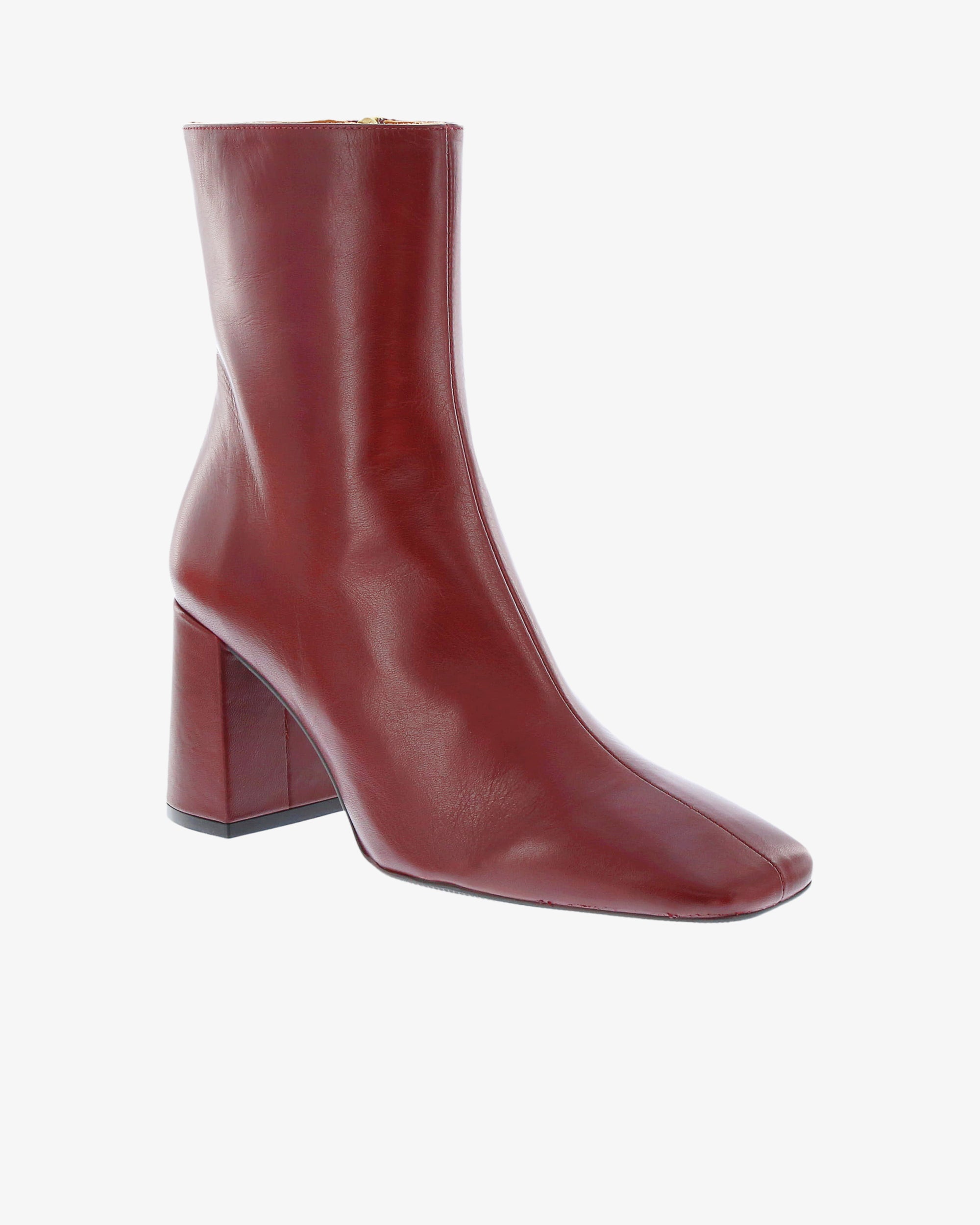 Neo Delphi Ankle Boot in Burgundy Napa Leather angled view | colour:burgundy-napa-leather