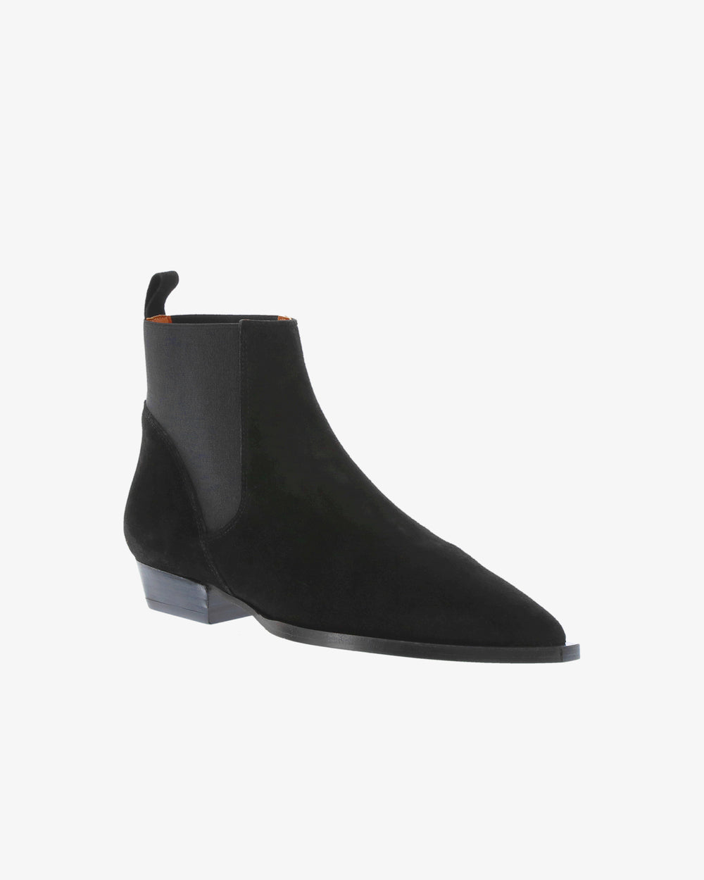 Neo Florin Ankle Boot in Black Suede Leather/Elastic angled view | colour:black-suede-leather-elastic