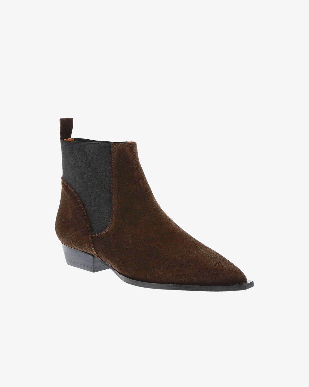 Neo Florin Ankle Boot in Chocolate/Black Suede Leather/Elastic angled view | colour:chocolate-black-suede-leather-elastic