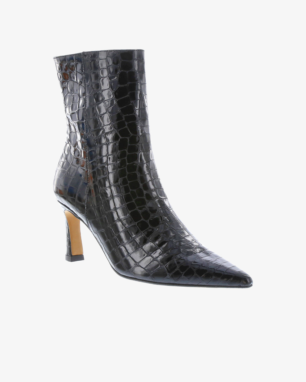 Neo Laurel Ankle Boot in Black Croc Print Leather angled view | colour:black-croc-print-leather