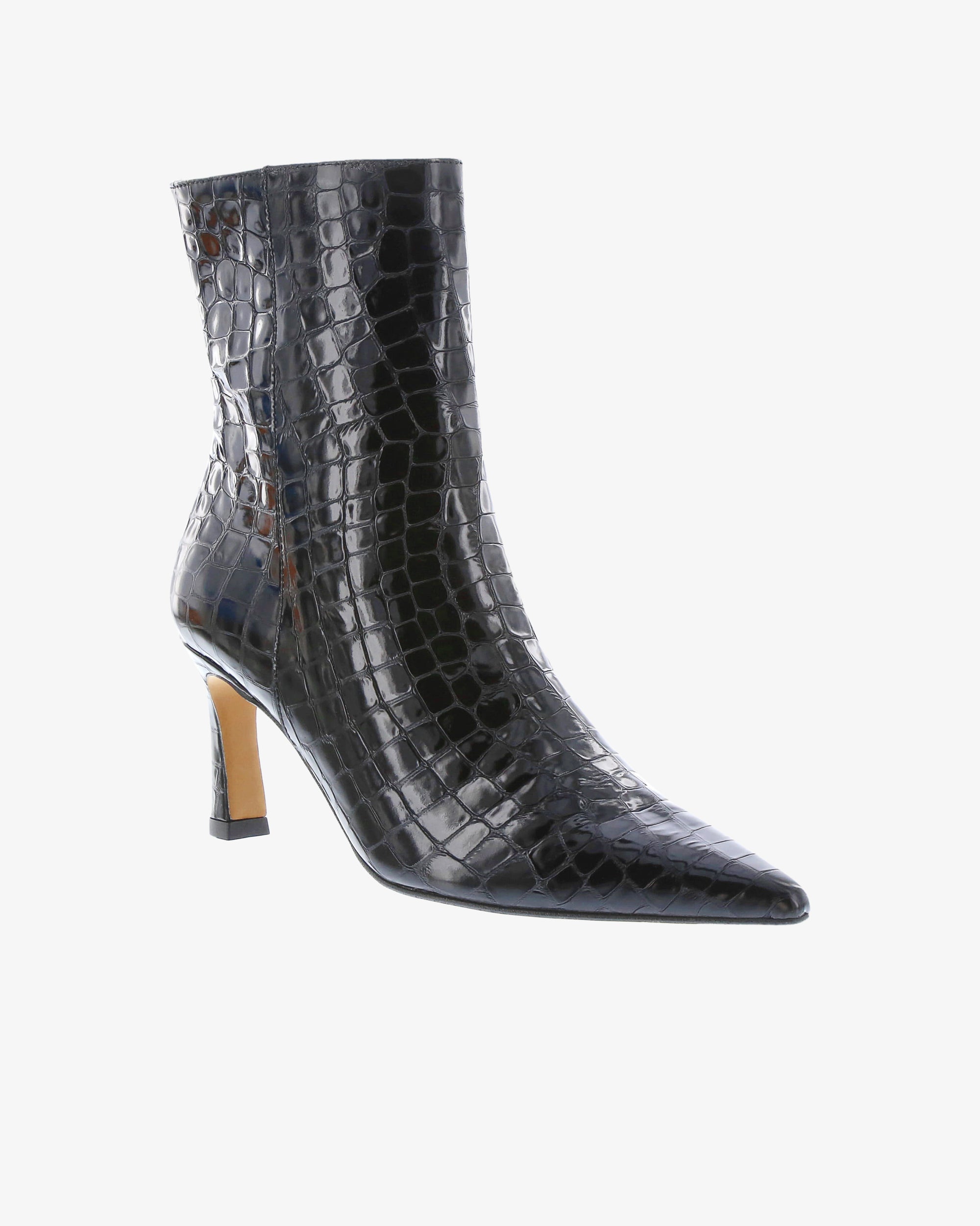 Neo Laurel Ankle Boot in Black Croc Print Leather angled view | colour:black-croc-print-leather
