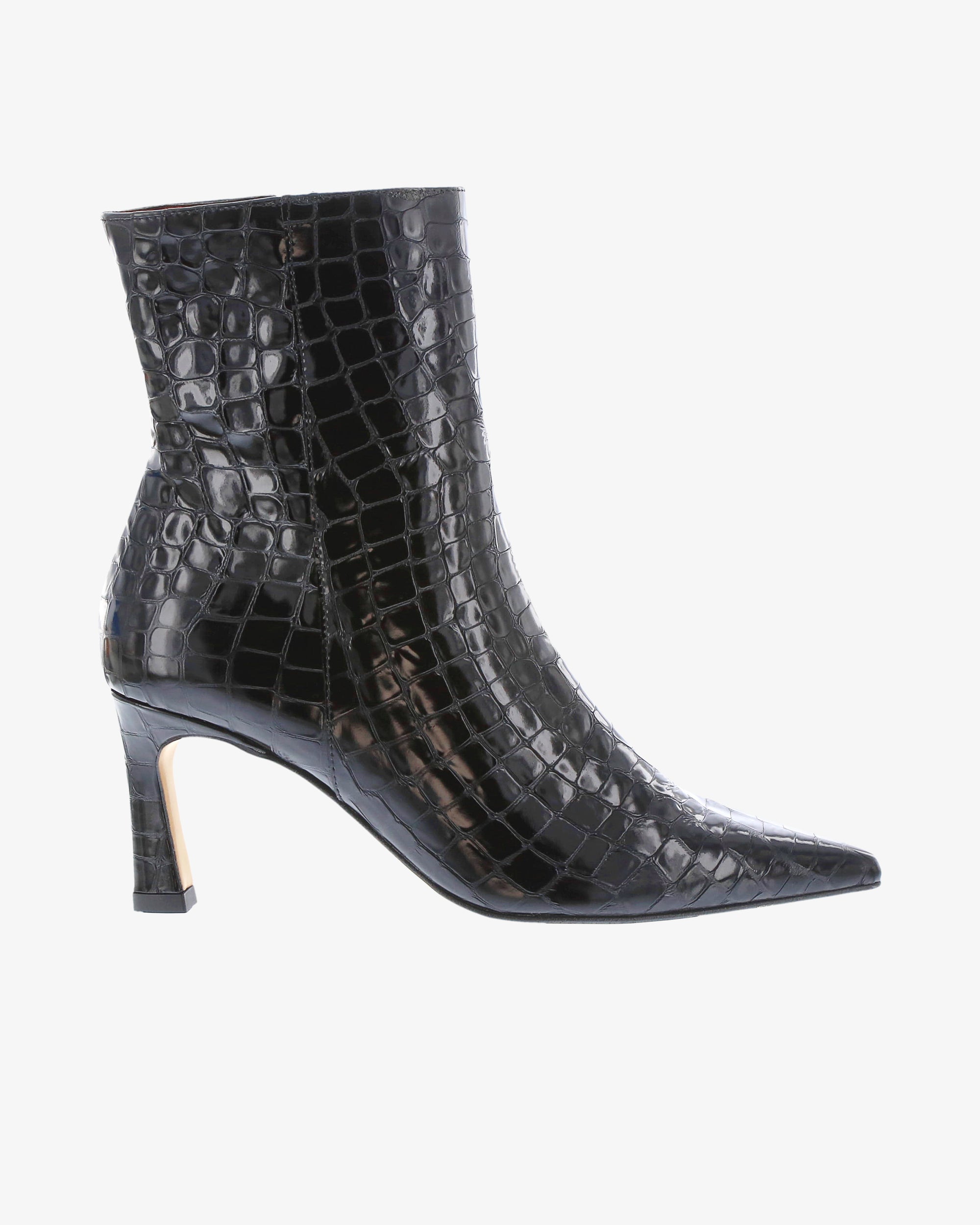 Neo Laurel Ankle Boot in Black Croc Print Leather side view | colour:black-croc-print-leather
