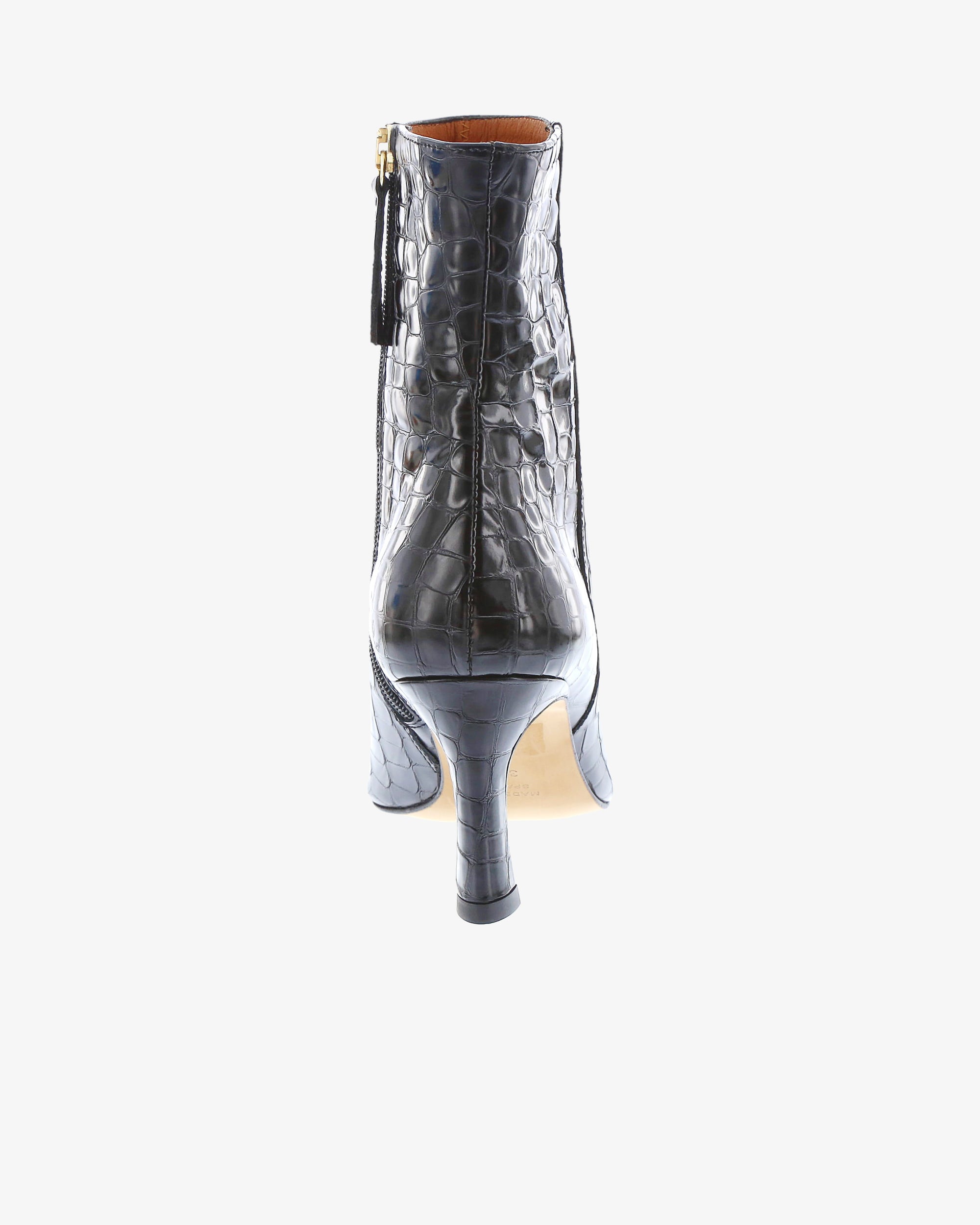 Neo Laurel Ankle Boot in Black Croc Print Leather heel view | colour:black-croc-print-leather
