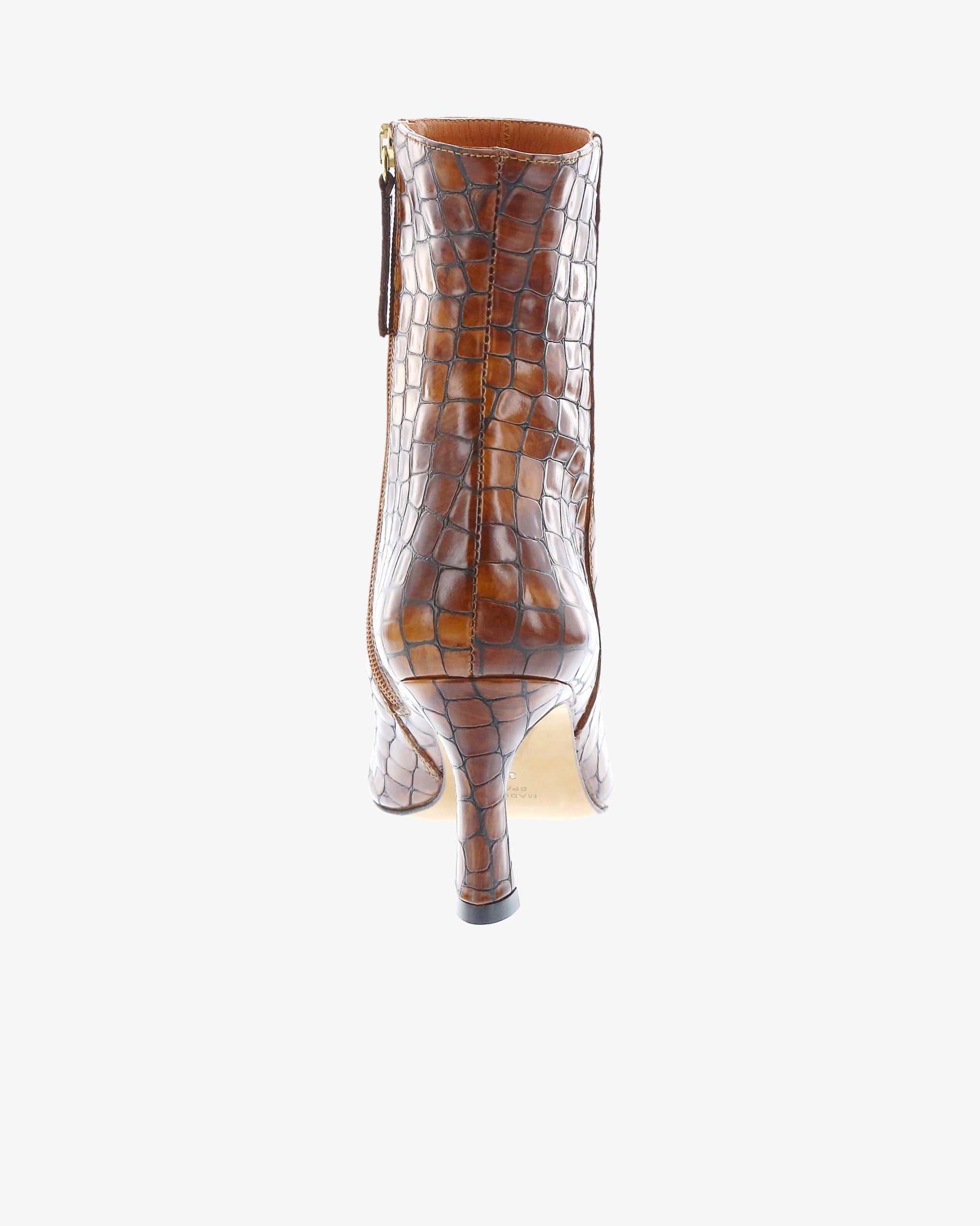 Neo Laurel Ankle Boot in Whisky Croc Print Leather heel view | colour:whisky-croc-print-leather