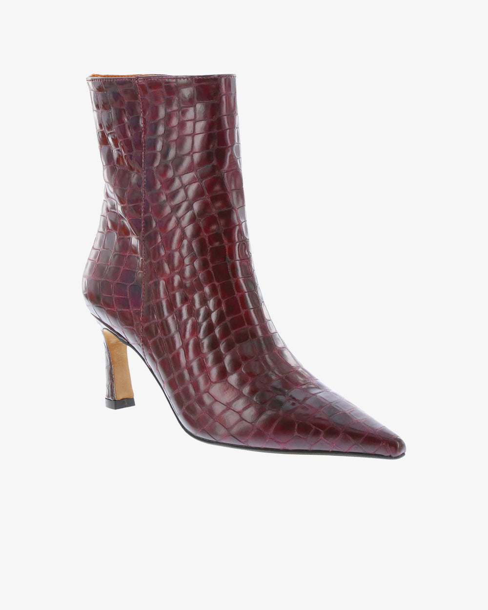 Neo Laurel Ankle Boot in Wine Croc Print Leather angled view | colour:wine-croc-print-leather