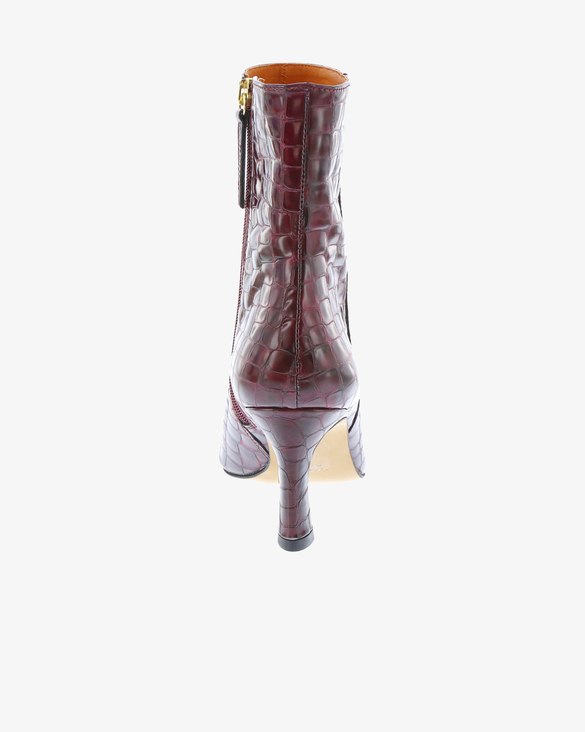 Neo Laurel Ankle Boot in Wine Croc Print Leather heel view | colour:wine-croc-print-leather