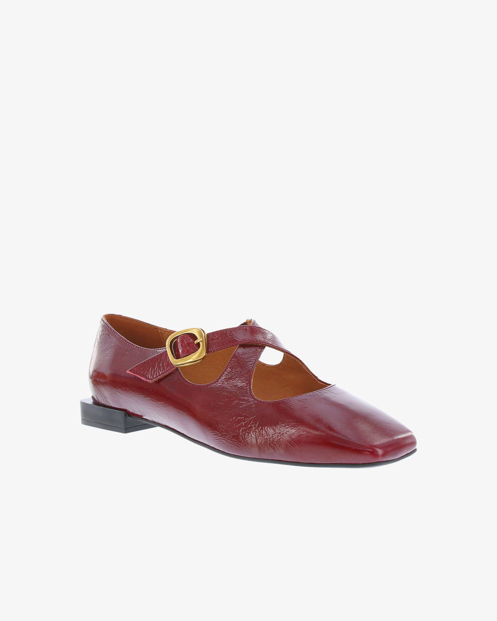 Neo Valene Flat in Ruby Crinkle Patent Leather angled view | colour:ruby-crinkle-patent-leather
