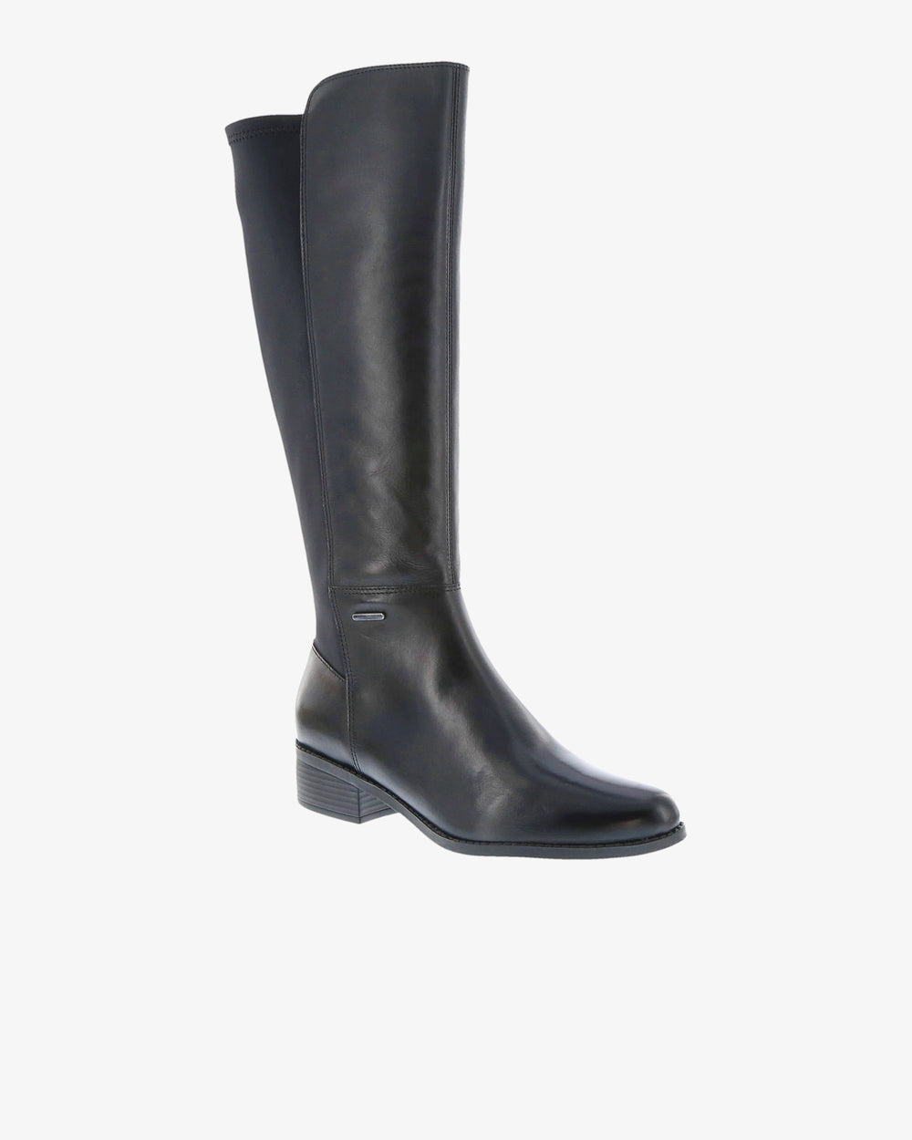 Nu by Neo Iris Tall Boot in Black Napa Leather/Lycra angled view | colour:black-napa-leather-lycra