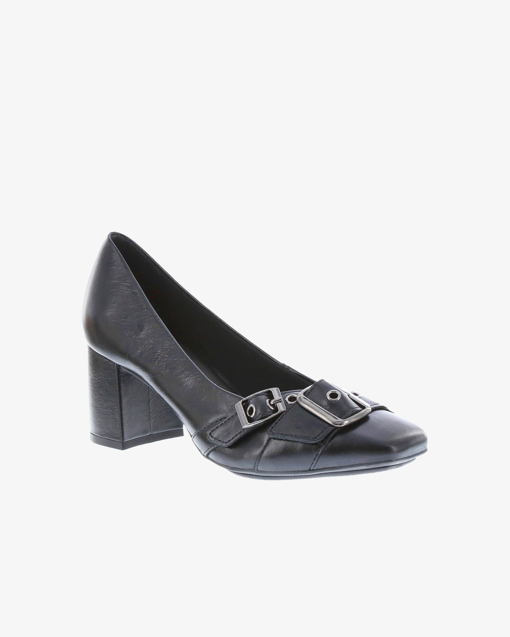 Nu by Neo Kaluna Heel in Black Semi Shine Leather angled view | colour:black-semi-shine-leather