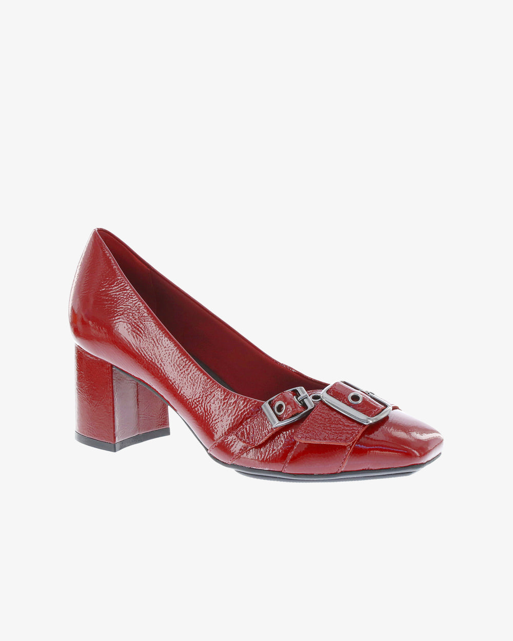 Nu by Neo Kaluna Heel in Burgundy Crinkle Patent Leather angled view | colour:burgundy-crinkle-patent-leather