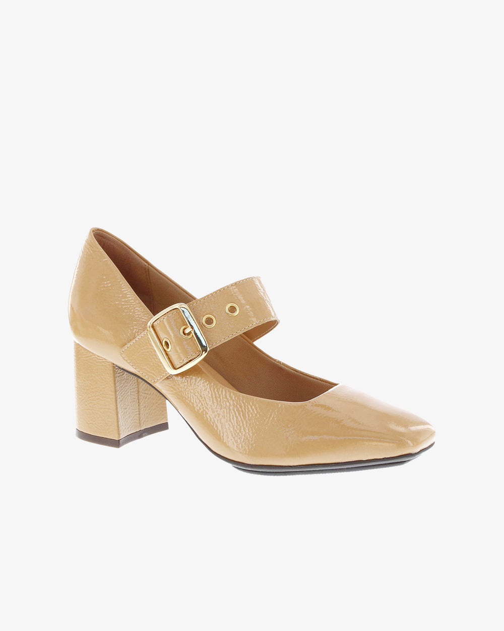Nu by Neo Kokula Heel in Beige Crinkle Patent Leather angled view | colour:beige-crinkle-patent-leather