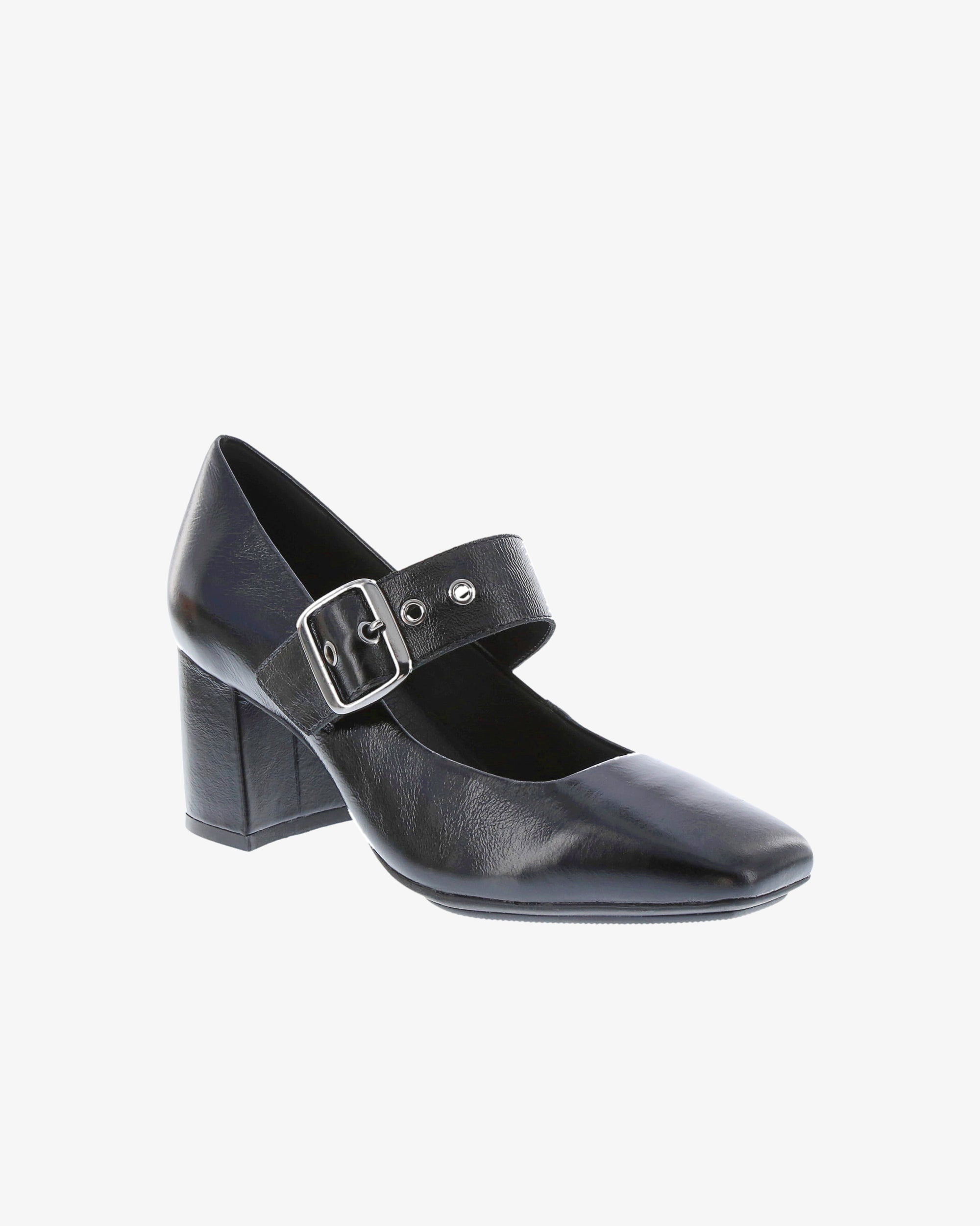 Nu by Neo Kokula Heel in Black Semi Shine Leather angled view | colour:black-semi-shine-leather