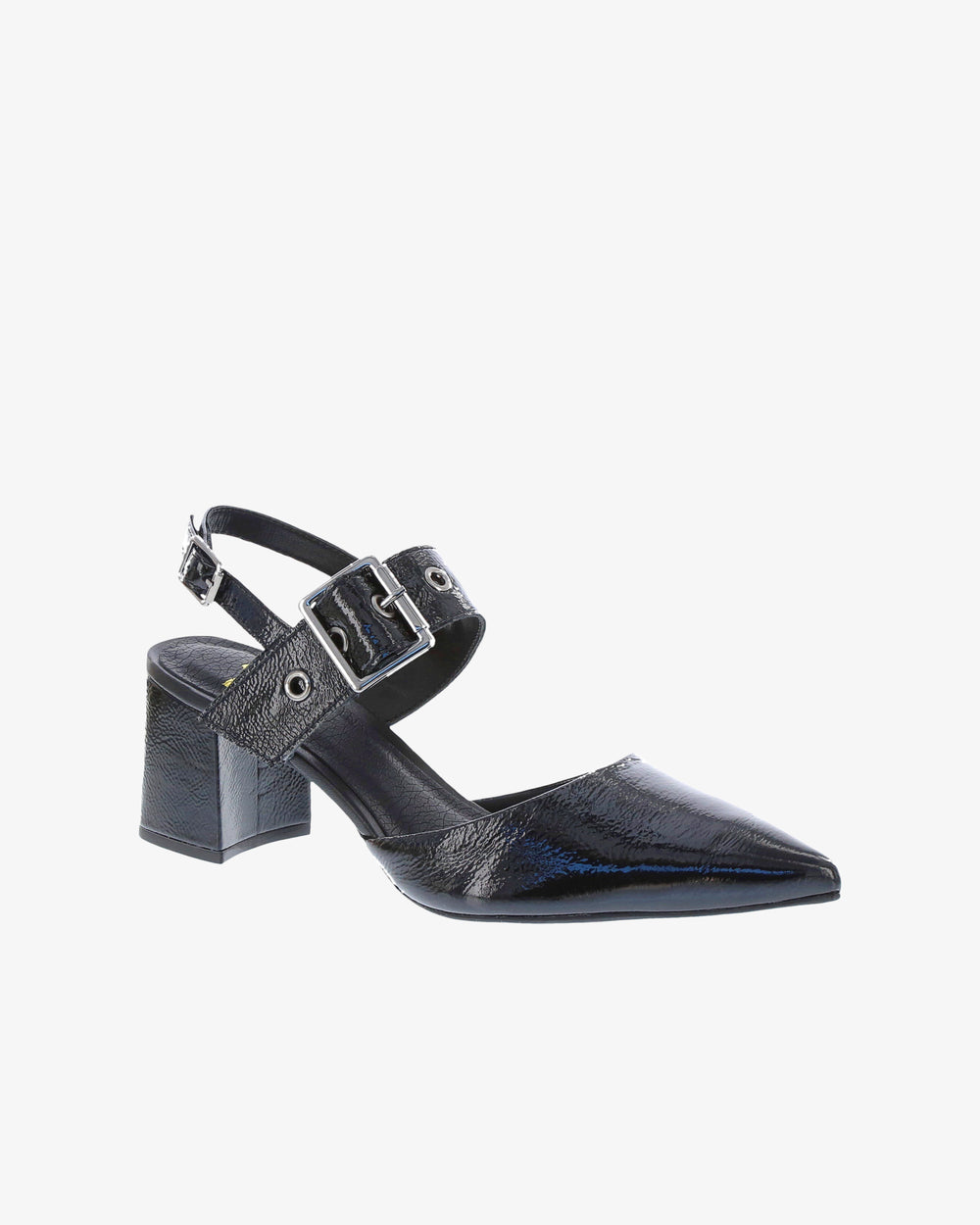 Nu by Neo Lotice Heel in Black Crinkle Patent Leather angled view | colour:black-crinkle-patent-leather