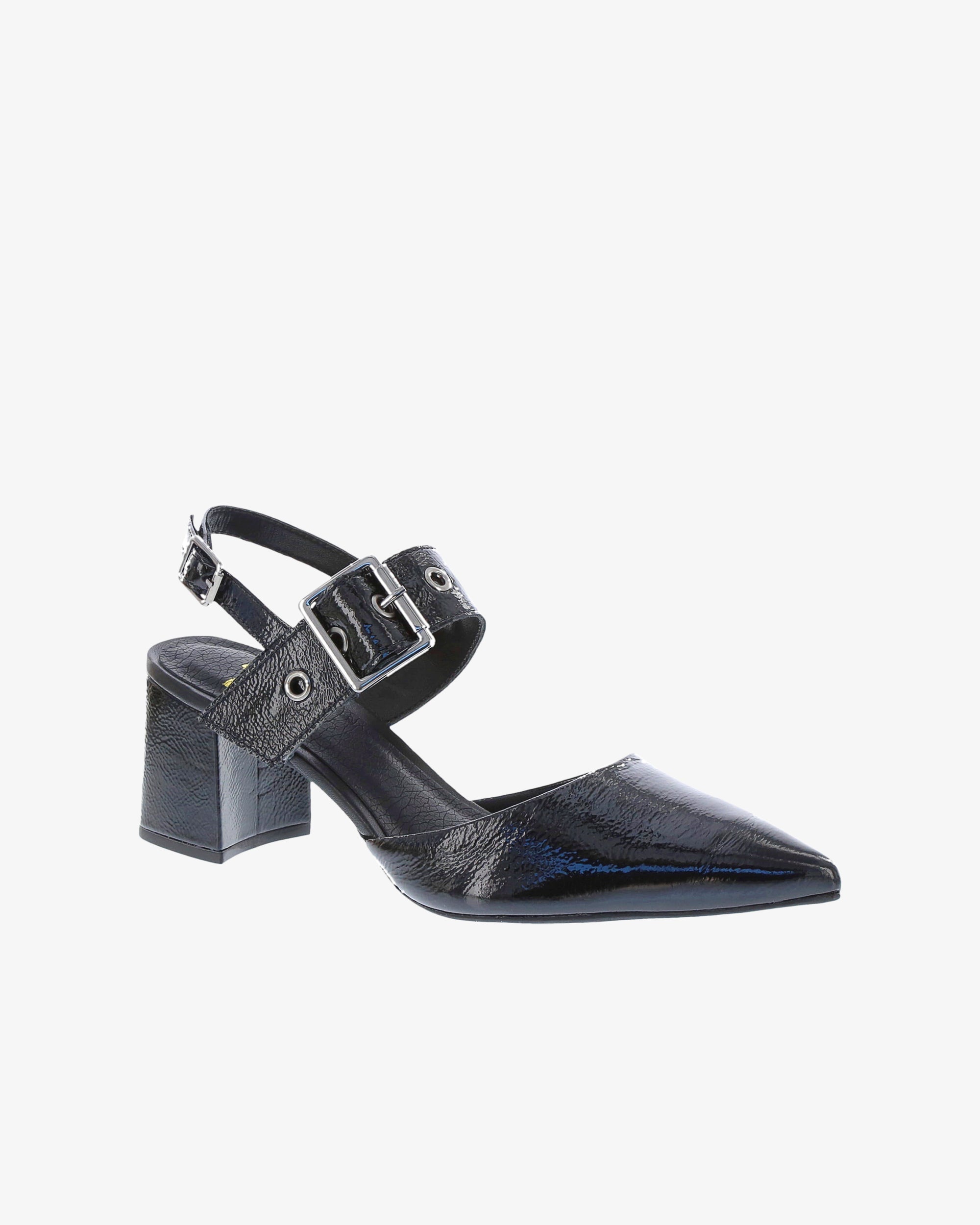Nu by Neo Lotice Heel in Black Crinkle Patent Leather angled view | colour:black-crinkle-patent-leather