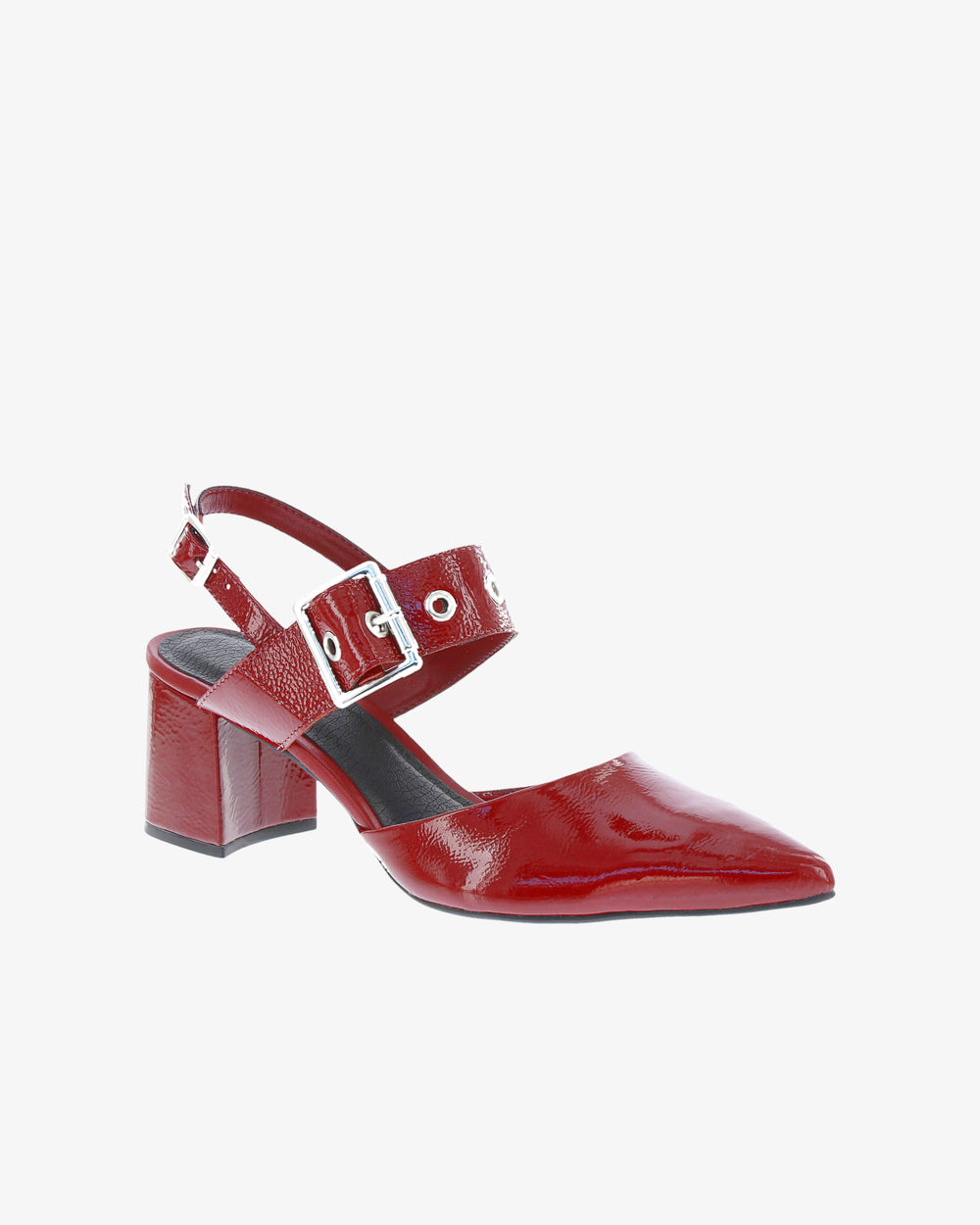 Nu by Neo Lotice Heel in Burgundy Crinkle Patent Leather angled view | colour:burgundy-crinkle-patent-leather