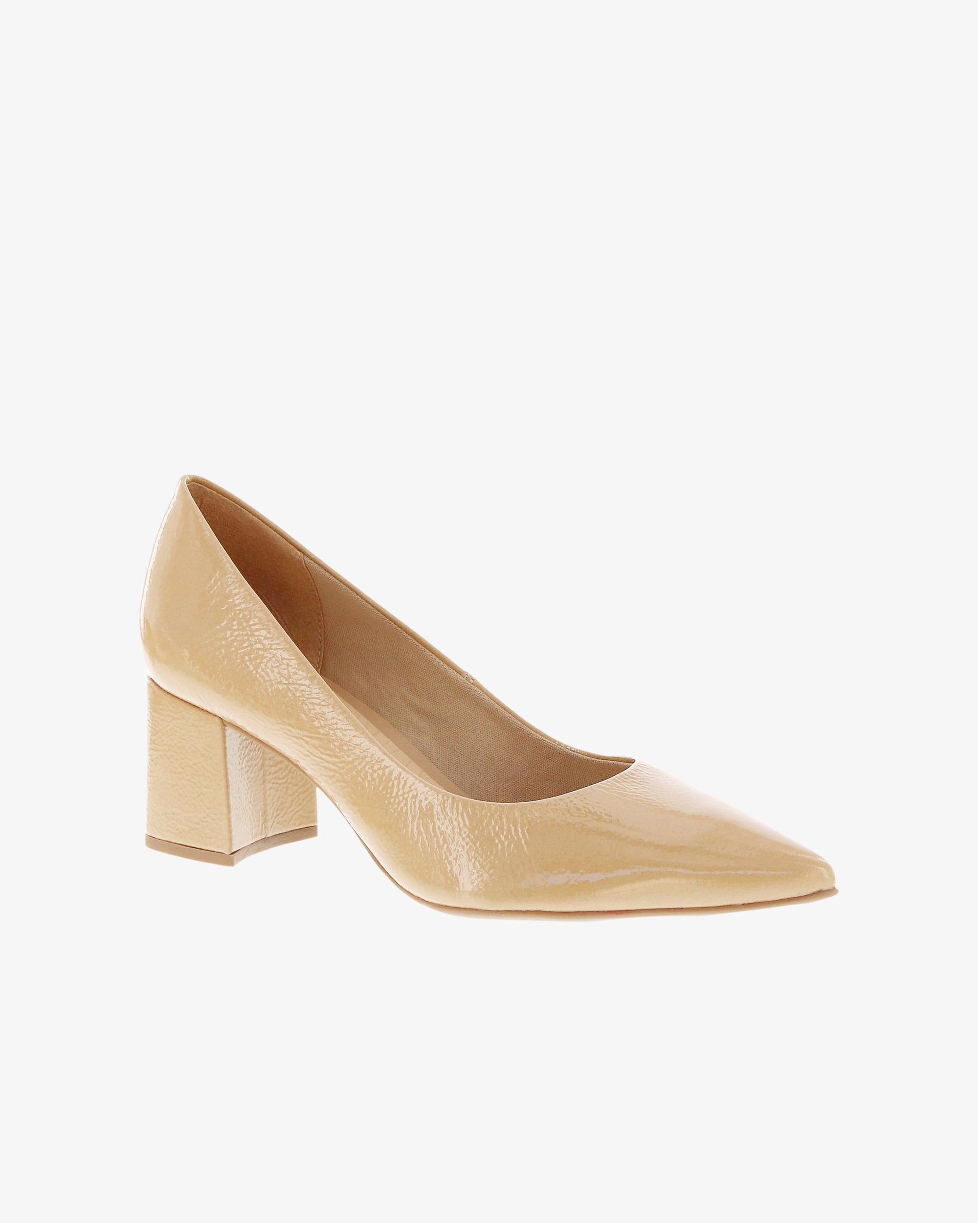 Nu by Neo Lunara Heel in Beige Crinkled Patent Leather angled view | colour:beige-crinkled-patent-leather