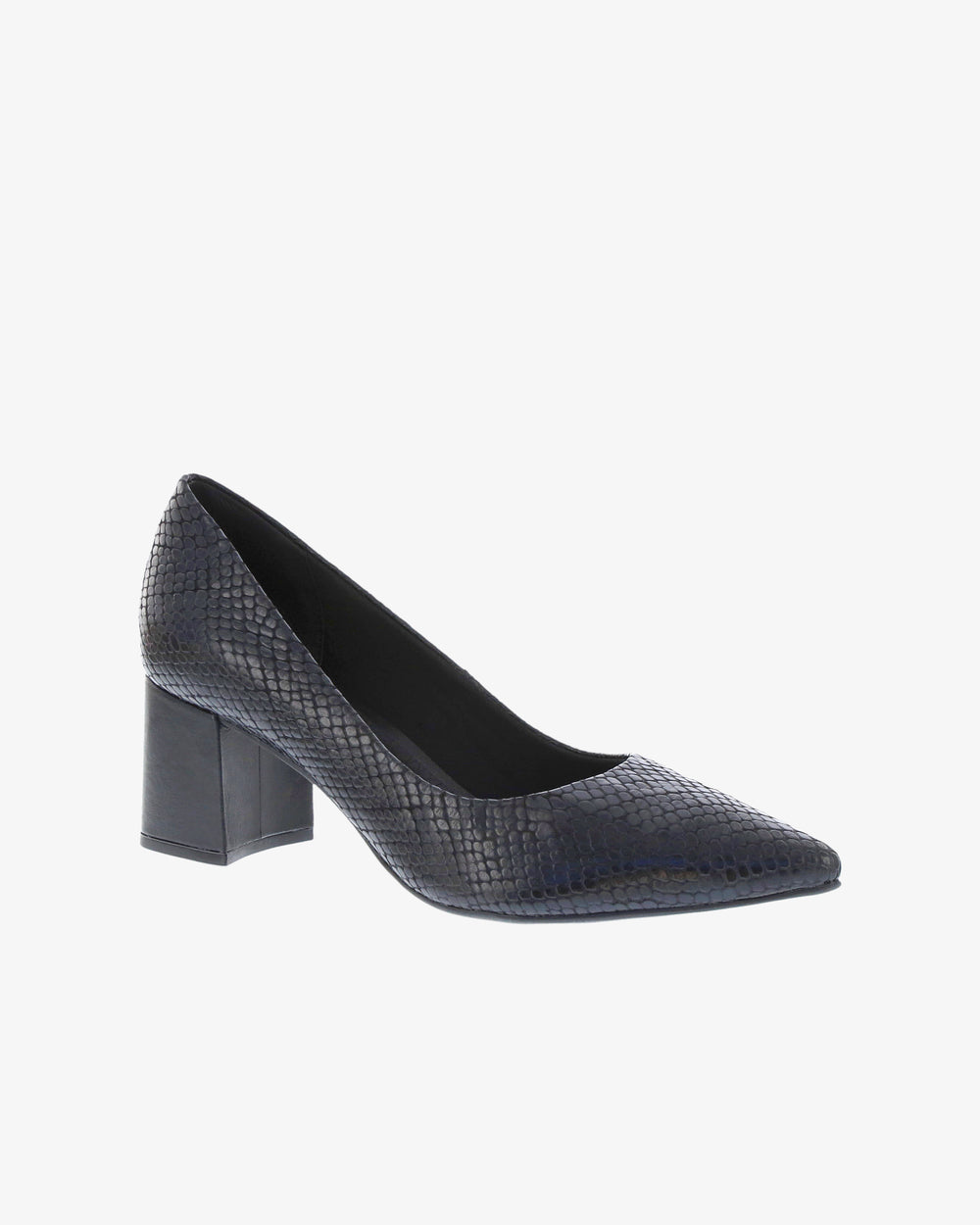 Nu by Neo Lunara Heel in Black Snake Print Leather angled view | colour:black-snake-print-leather