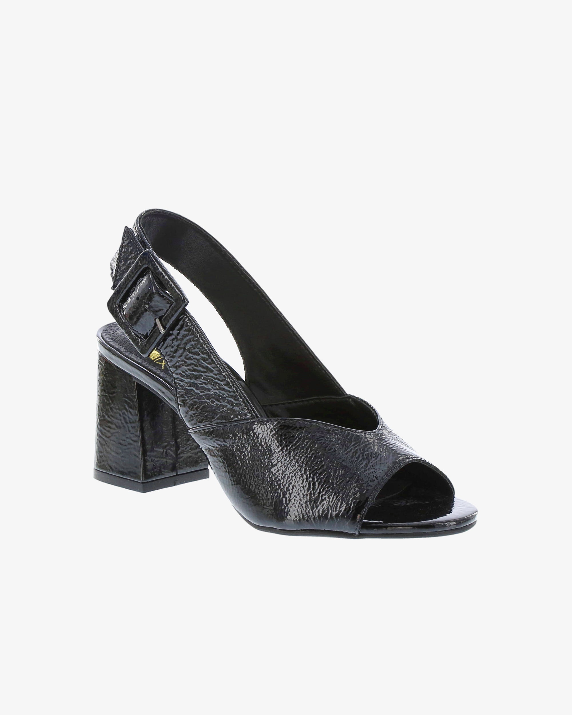 Nu by Neo Mentha Slingback in Black Crinkle Patent Leather angled view | colour:black-crinkle-patent-leather