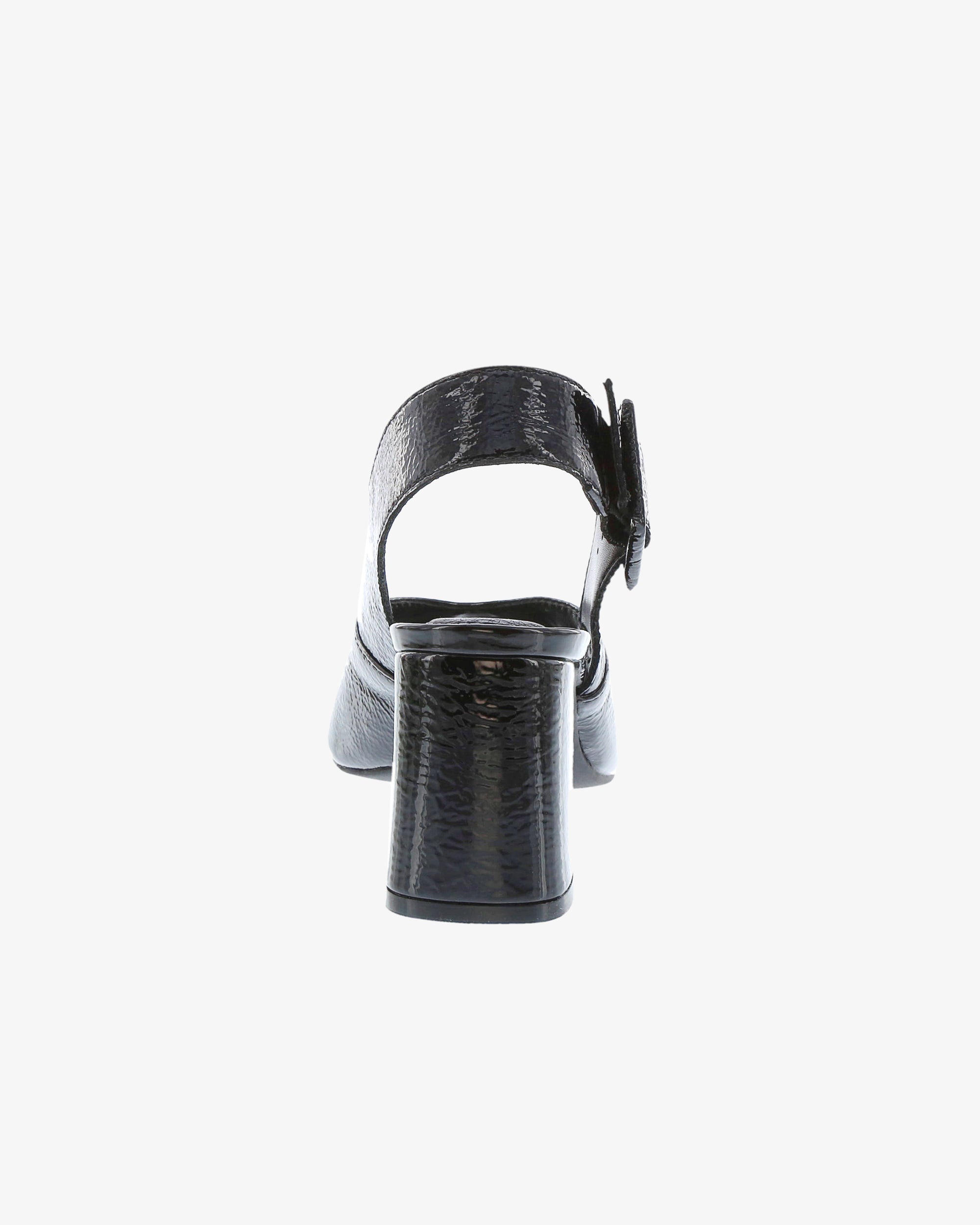 Nu by Neo Mentha Slingback in Black Crinkle Patent Leather heel view | colour:black-crinkle-patent-leather